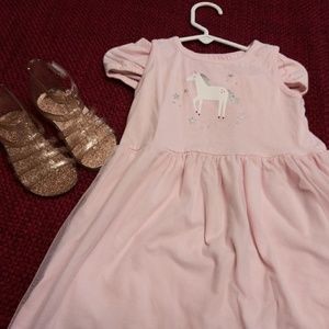 Bundle pink unicorn dress w panties / gold shoes